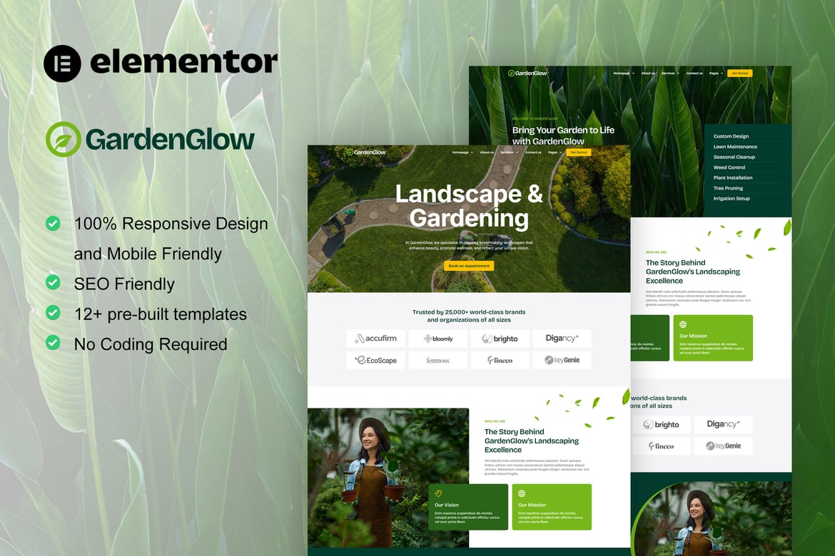 GardenGlow Gardening & Landscape Elementor Pro Template Kit, WP